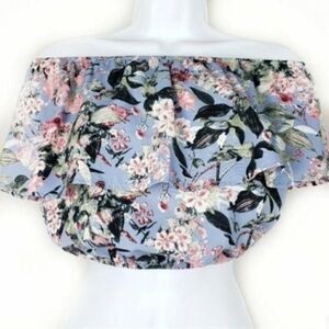 Lulus floral off shoulder ruffle crop top blue size small